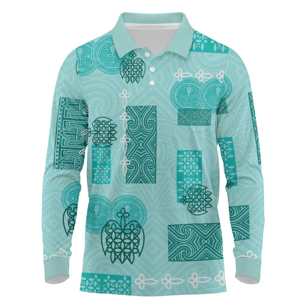 Vintage Lapita Long Sleeve Polo Shirt Iconic Double Face Pattern Turquoise LT05
