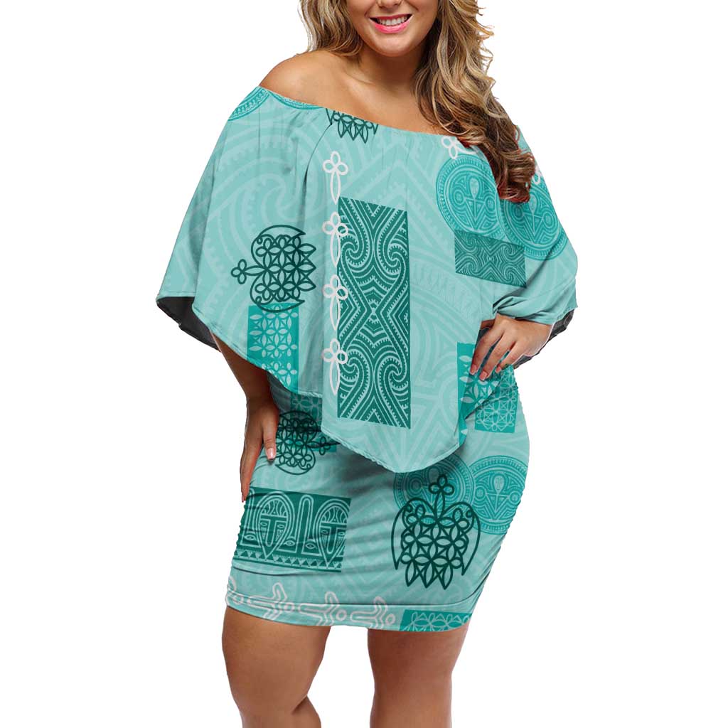 Vintage Lapita Off Shoulder Short Dress Iconic Double Face Pattern Turquoise LT05