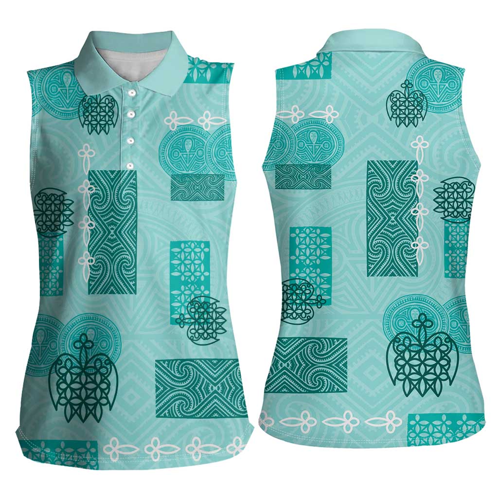Vintage Lapita Women Sleeveless Polo Shirt Iconic Double Face Pattern Turquoise LT05