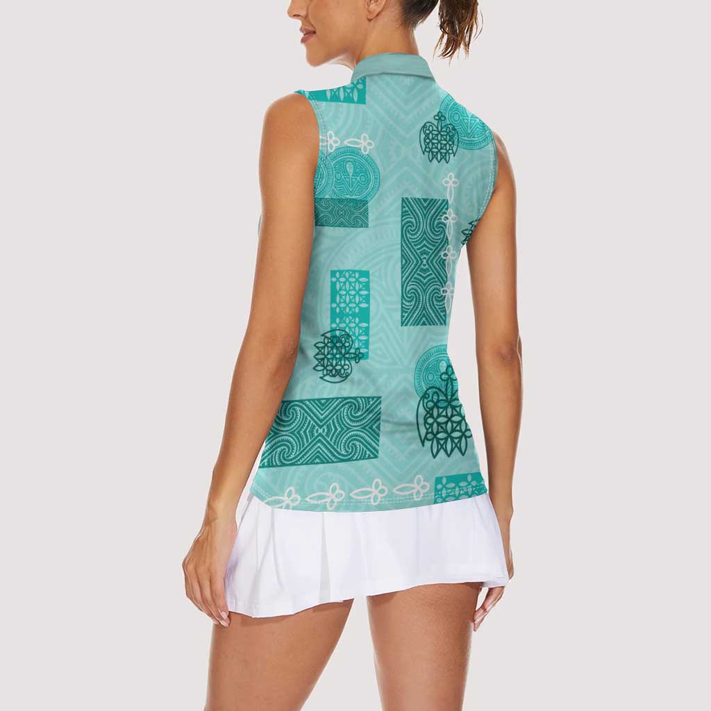 Vintage Lapita Women Sleeveless Polo Shirt Iconic Double Face Pattern Turquoise LT05