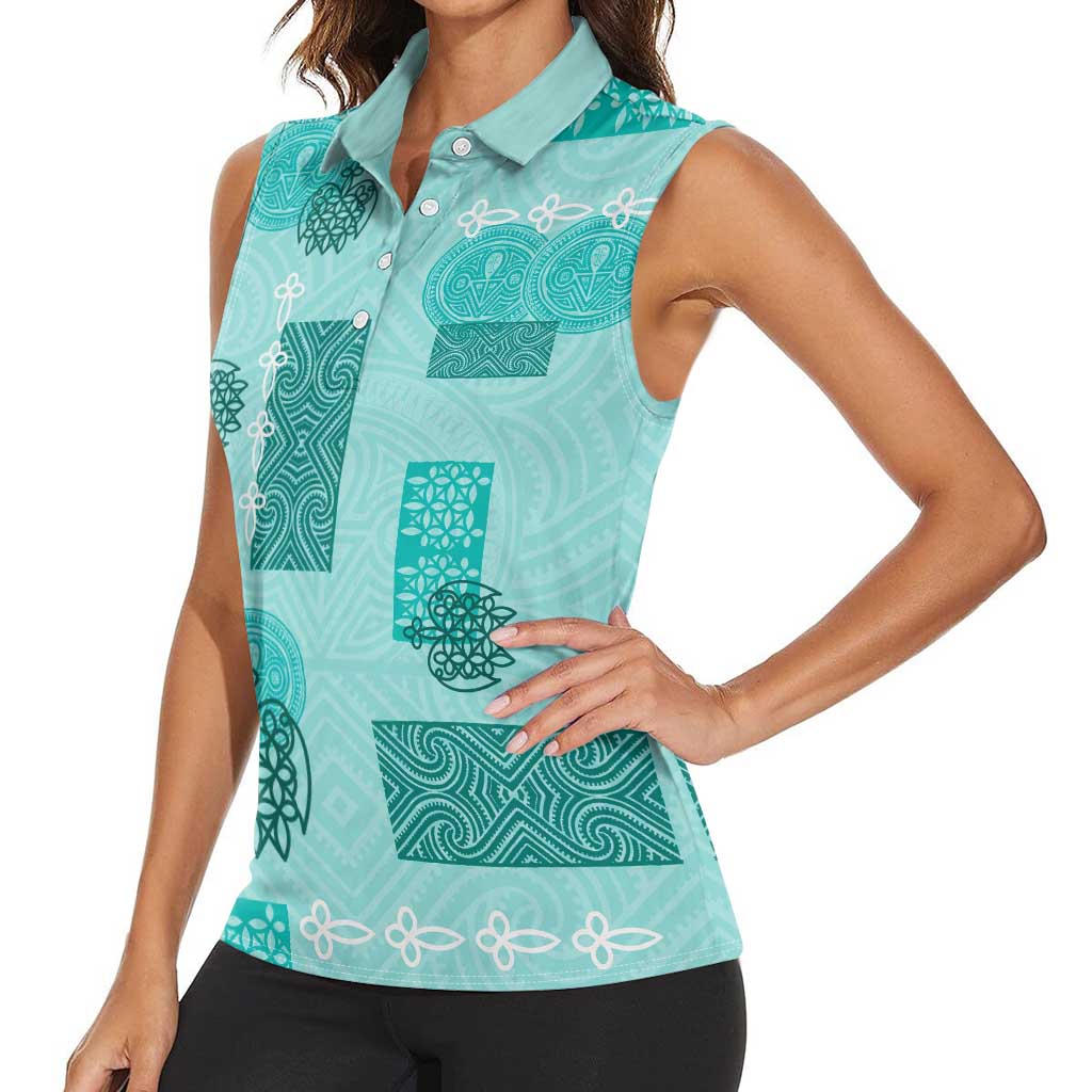Vintage Lapita Women Sleeveless Polo Shirt Iconic Double Face Pattern Turquoise LT05