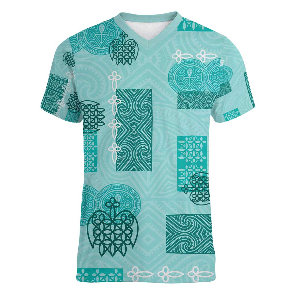 Vintage Lapita Women V-Neck T-Shirt Iconic Double Face Pattern Turquoise LT05