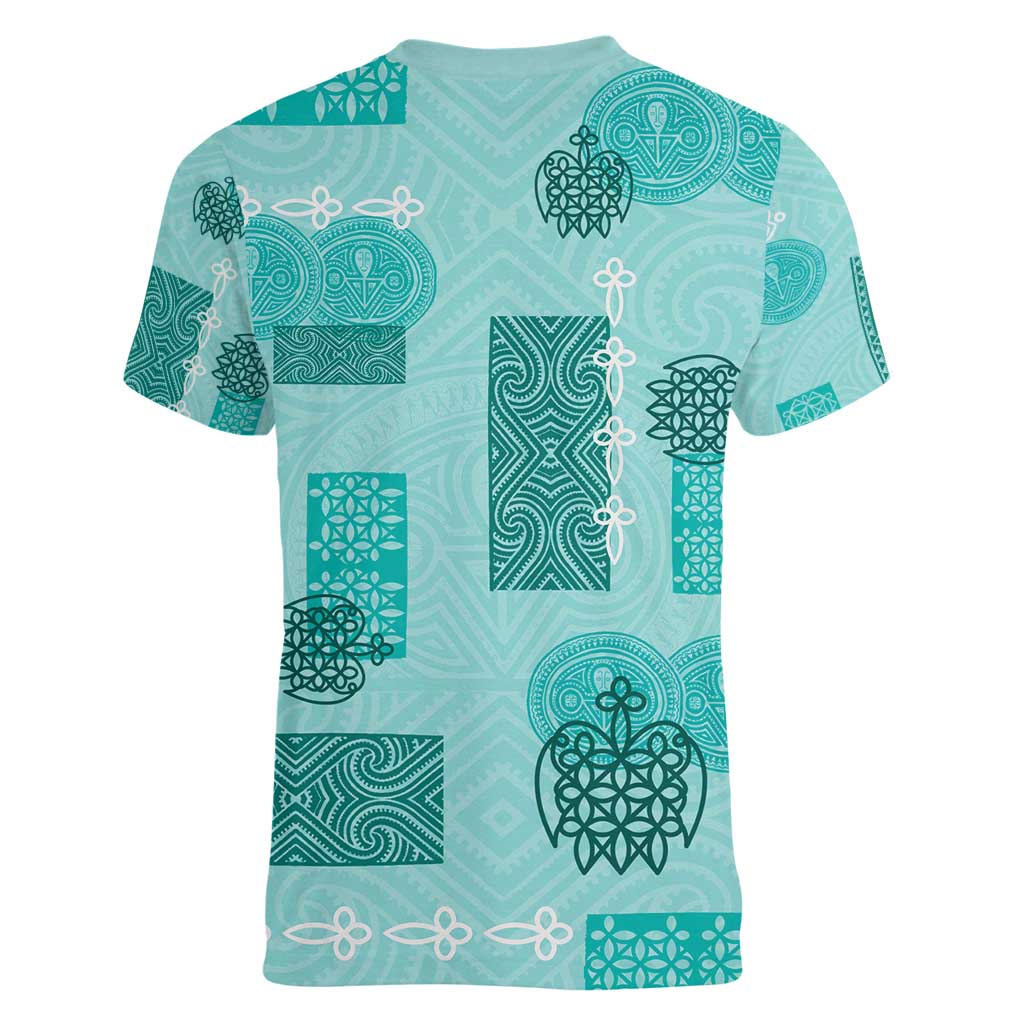 Vintage Lapita Women V-Neck T-Shirt Iconic Double Face Pattern Turquoise LT05