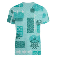 Vintage Lapita Women V-Neck T-Shirt Iconic Double Face Pattern Turquoise LT05