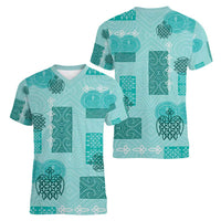 Vintage Lapita Women V-Neck T-Shirt Iconic Double Face Pattern Turquoise LT05