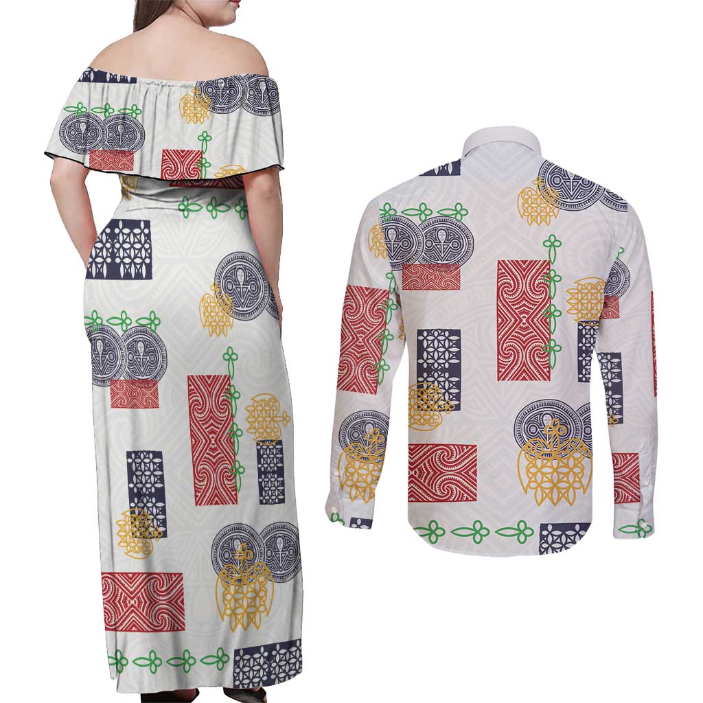 Vintage Lapita Couples Matching Off Shoulder Maxi Dress and Long Sleeve Button Shirt Iconic Double Face Pattern