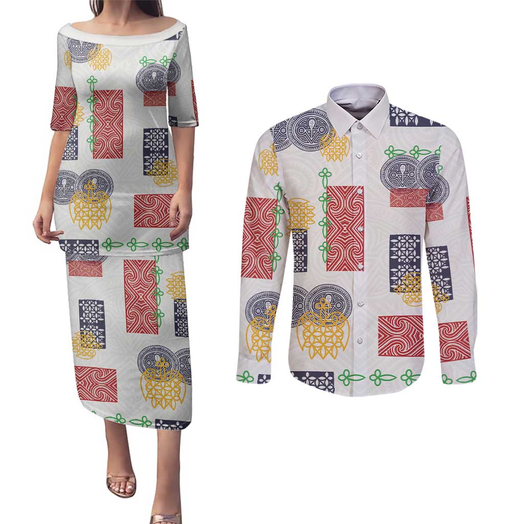 Vintage Lapita Couples Matching Puletasi and Long Sleeve Button Shirt Iconic Double Face Pattern
