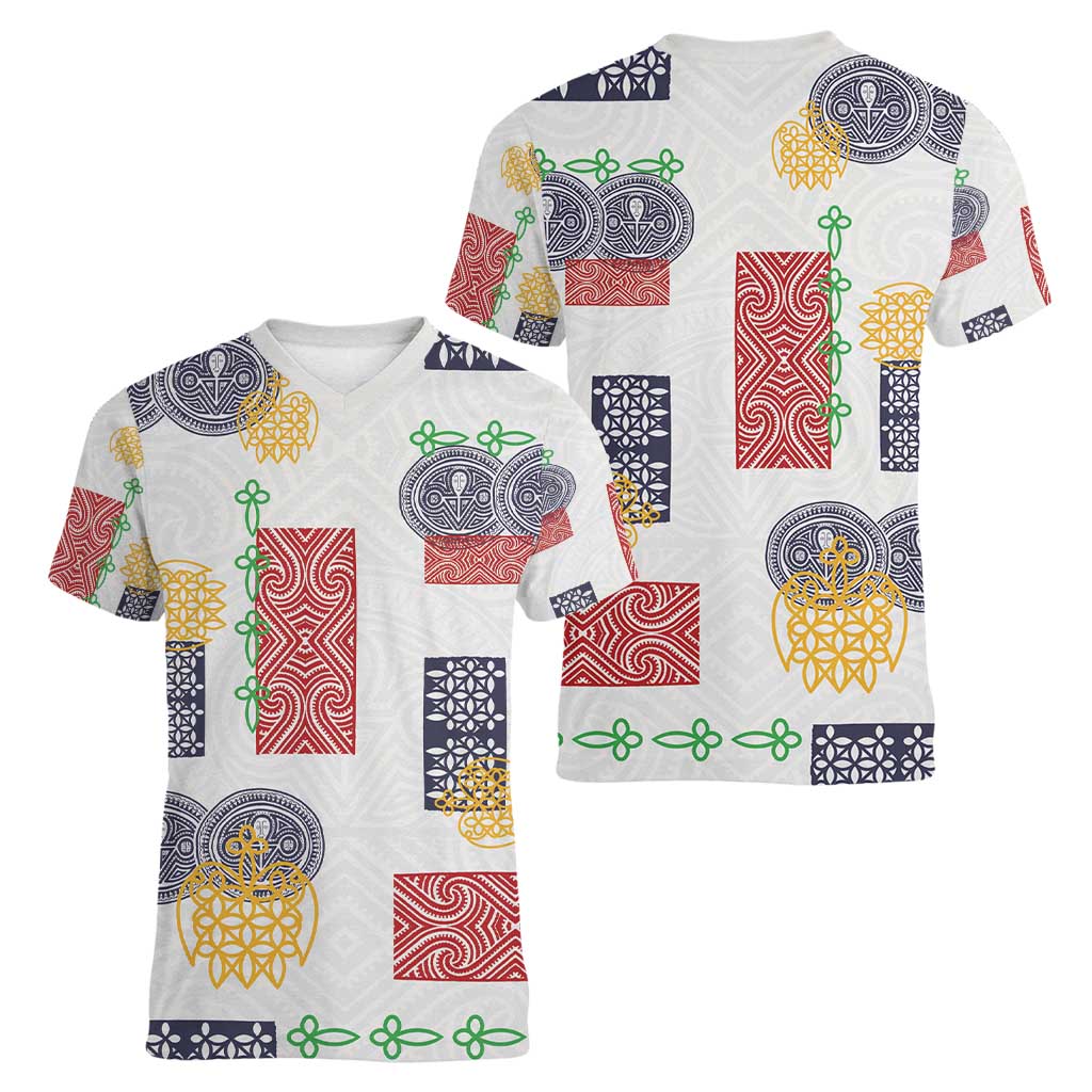 Vintage Lapita Women V-Neck T-Shirt Iconic Double Face Pattern