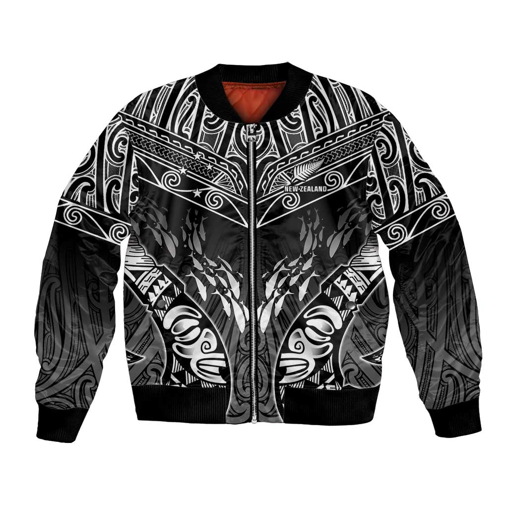 Custom New Zealand Fishing Bomber Jacket Aotearoa Maori Koru LT05 Unisex Black - Polynesian Pride