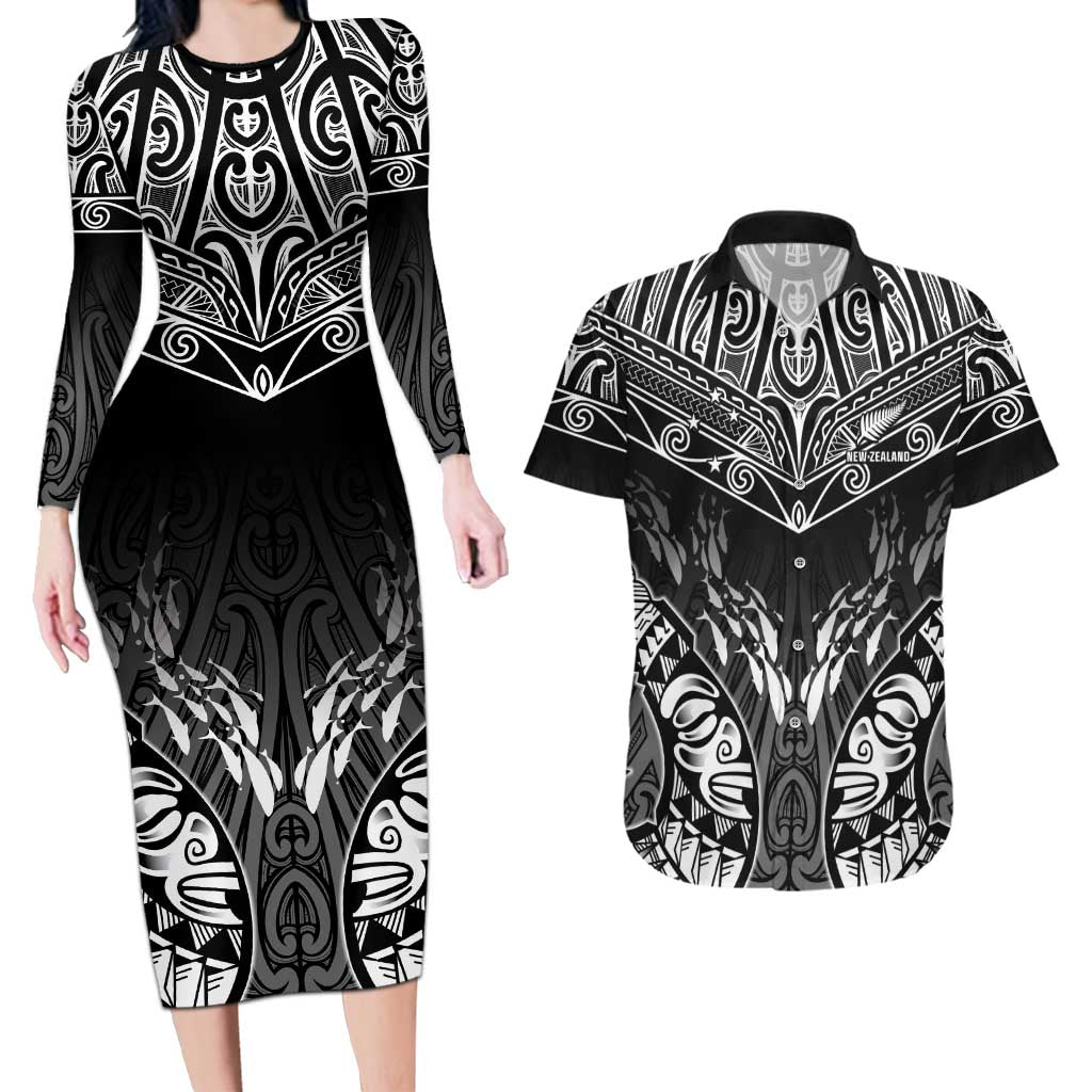 Custom New Zealand Fishing Couples Matching Long Sleeve Bodycon Dress and Hawaiian Shirt Aotearoa Maori Koru LT05 Black - Polynesian Pride