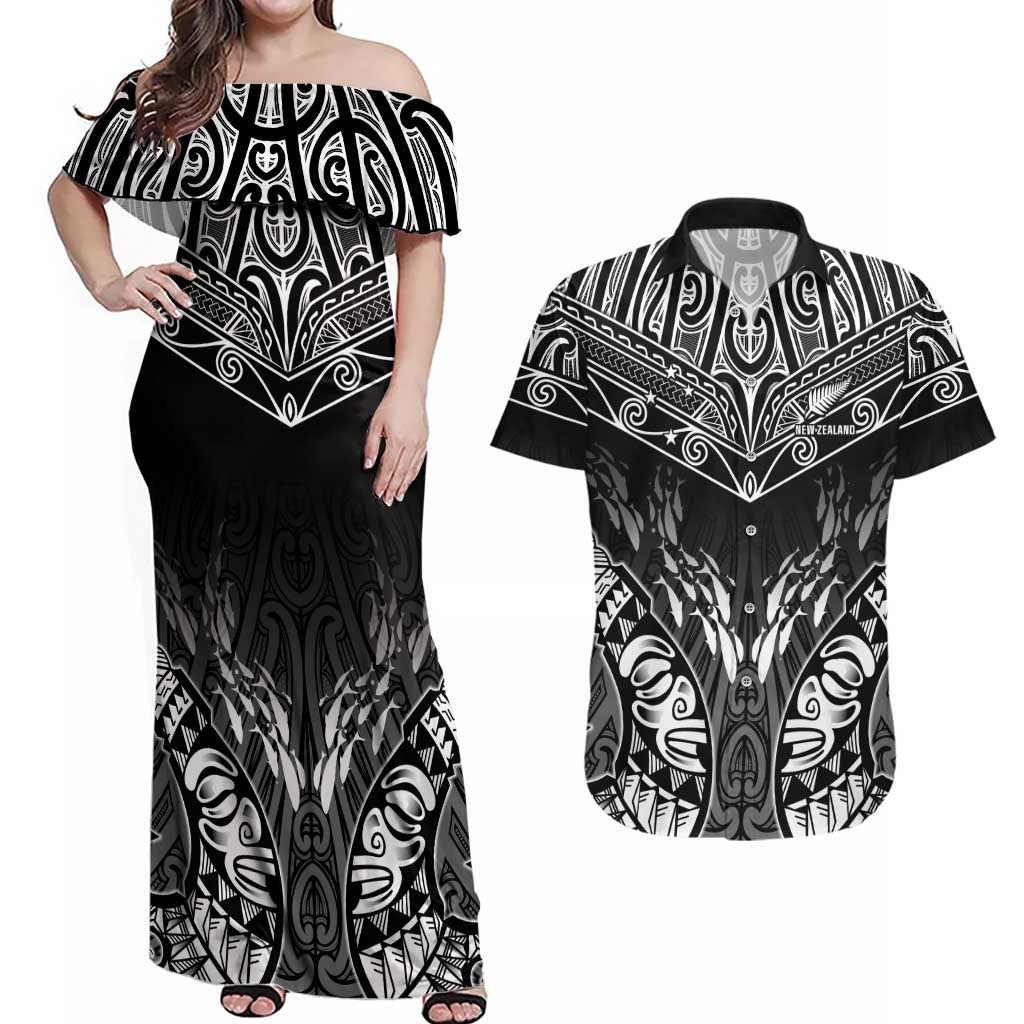Custom New Zealand Fishing Couples Matching Off Shoulder Maxi Dress and Hawaiian Shirt Aotearoa Maori Koru LT05 Black - Polynesian Pride