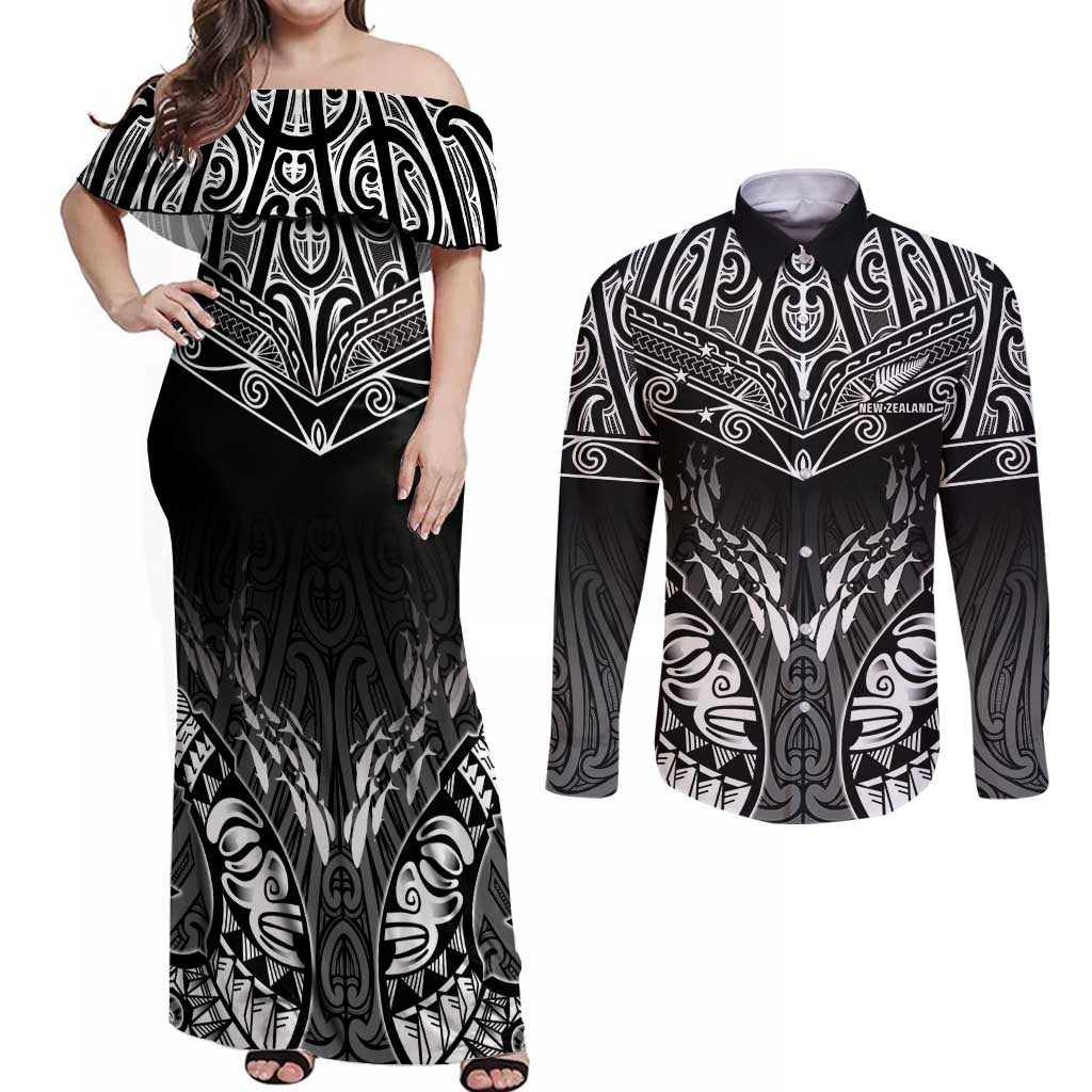 Custom New Zealand Fishing Couples Matching Off Shoulder Maxi Dress and Long Sleeve Button Shirt Aotearoa Maori Koru LT05 Black - Polynesian Pride