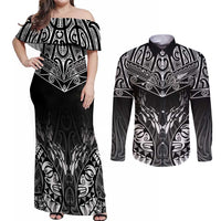 Custom New Zealand Fishing Couples Matching Off Shoulder Maxi Dress and Long Sleeve Button Shirt Aotearoa Maori Koru LT05 Black - Polynesian Pride