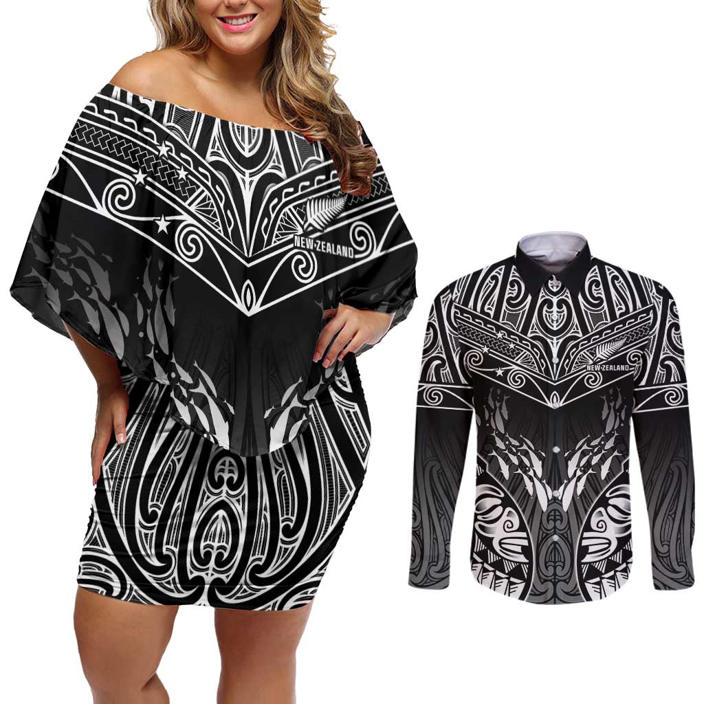 Custom New Zealand Fishing Couples Matching Off Shoulder Short Dress and Long Sleeve Button Shirt Aotearoa Maori Koru LT05 Black - Polynesian Pride