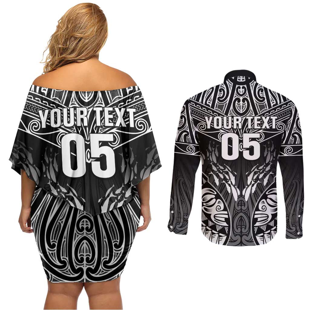Custom New Zealand Fishing Couples Matching Off Shoulder Short Dress and Long Sleeve Button Shirt Aotearoa Maori Koru LT05 - Polynesian Pride