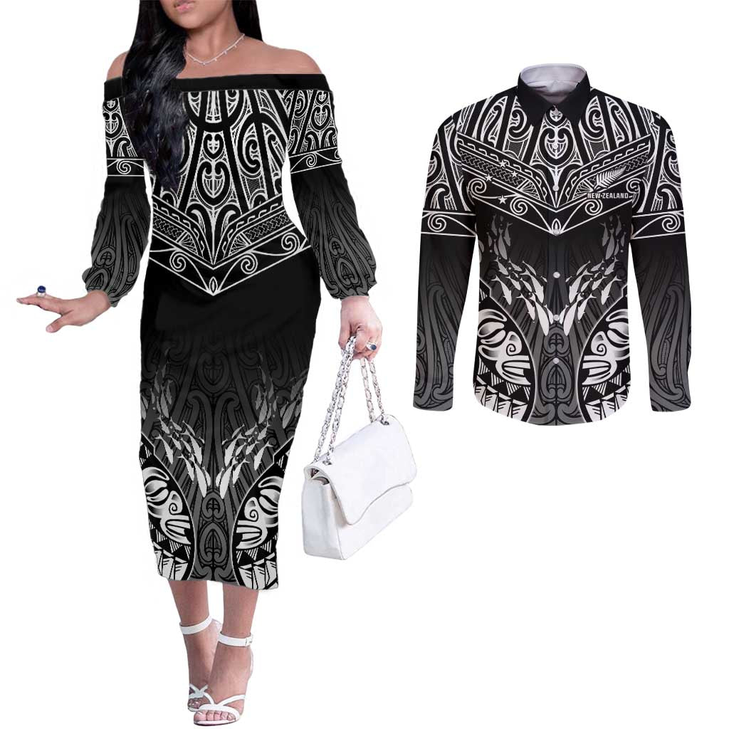 Custom New Zealand Fishing Couples Matching Off The Shoulder Long Sleeve Dress and Long Sleeve Button Shirt Aotearoa Maori Koru LT05 Black - Polynesian Pride
