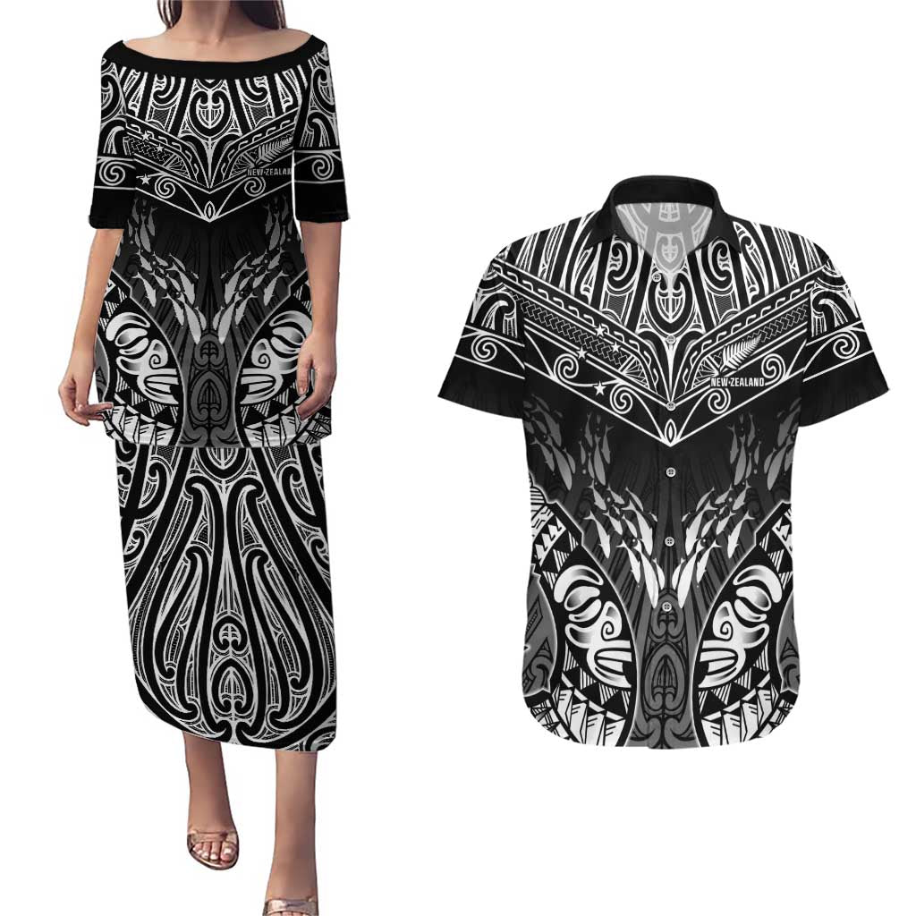 Custom New Zealand Fishing Couples Matching Puletasi and Hawaiian Shirt Aotearoa Maori Koru LT05 Black - Polynesian Pride