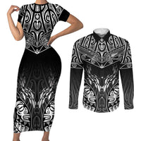 Custom New Zealand Fishing Couples Matching Short Sleeve Bodycon Dress and Long Sleeve Button Shirt Aotearoa Maori Koru LT05 Black - Polynesian Pride