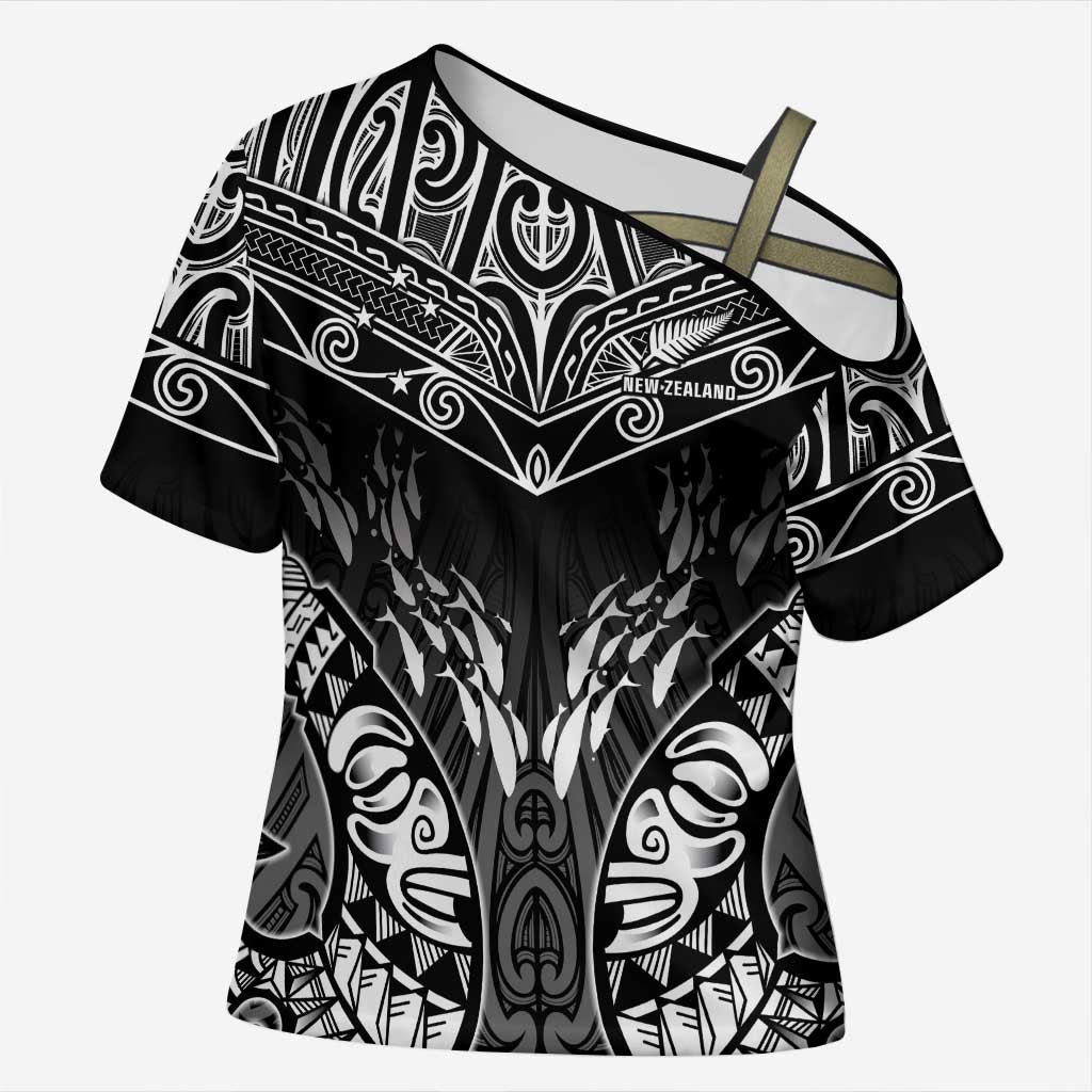 Custom New Zealand Fishing Cross Shoulder Shirt Aotearoa Maori Koru LT05 Female Black - Polynesian Pride