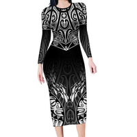 Custom New Zealand Fishing Family Matching Long Sleeve Bodycon Dress and Hawaiian Shirt Aotearoa Maori Koru LT05 Mom's Dress Black - Polynesian Pride