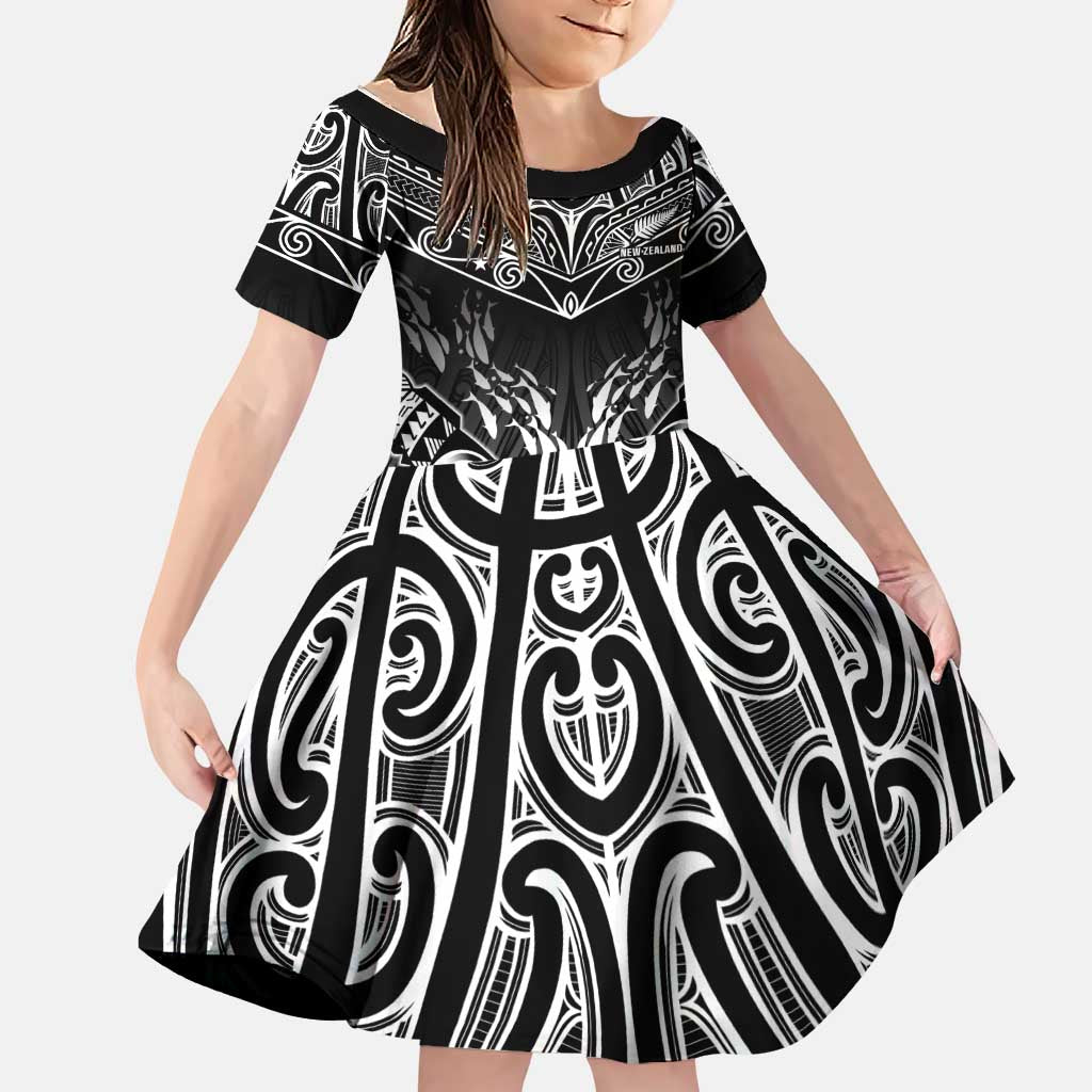 Custom New Zealand Fishing Family Matching Off The Shoulder Long Sleeve Dress and Hawaiian Shirt Aotearoa Maori Koru LT05 Daughter's Dress Black - Polynesian Pride