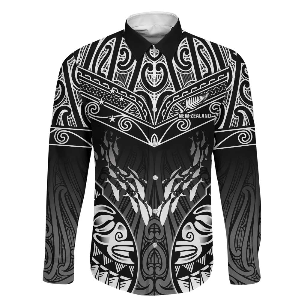 Custom New Zealand Fishing Family Matching Off Shoulder Maxi Dress and Hawaiian Shirt Aotearoa Maori Koru LT05 Dad's Shirt - Long Sleeve Black - Polynesian Pride