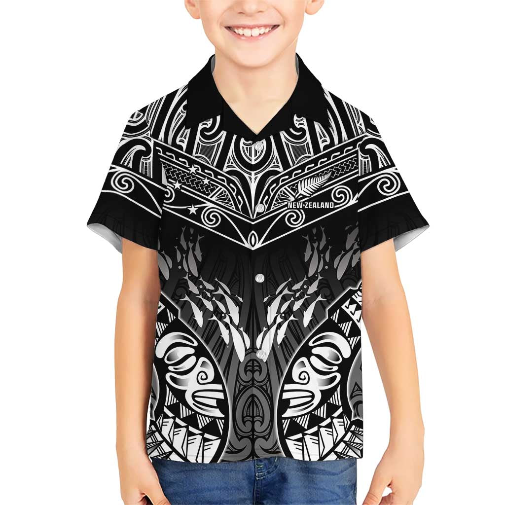 Custom New Zealand Fishing Family Matching Off Shoulder Maxi Dress and Hawaiian Shirt Aotearoa Maori Koru LT05 Son's Shirt Black - Polynesian Pride