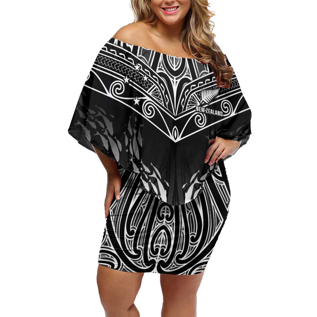 Custom New Zealand Fishing Family Matching Off Shoulder Short Dress and Hawaiian Shirt Aotearoa Maori Koru LT05 Mom's Dress Black - Polynesian Pride