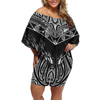 Custom New Zealand Fishing Family Matching Off Shoulder Short Dress and Hawaiian Shirt Aotearoa Maori Koru LT05 Mom's Dress Black - Polynesian Pride