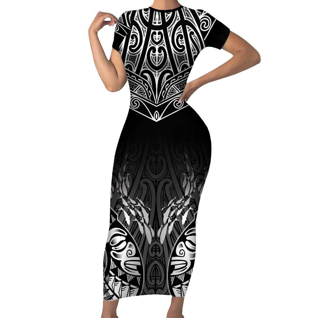 Custom New Zealand Fishing Family Matching Short Sleeve Bodycon Dress and Hawaiian Shirt Aotearoa Maori Koru LT05 Mom's Dress Black - Polynesian Pride