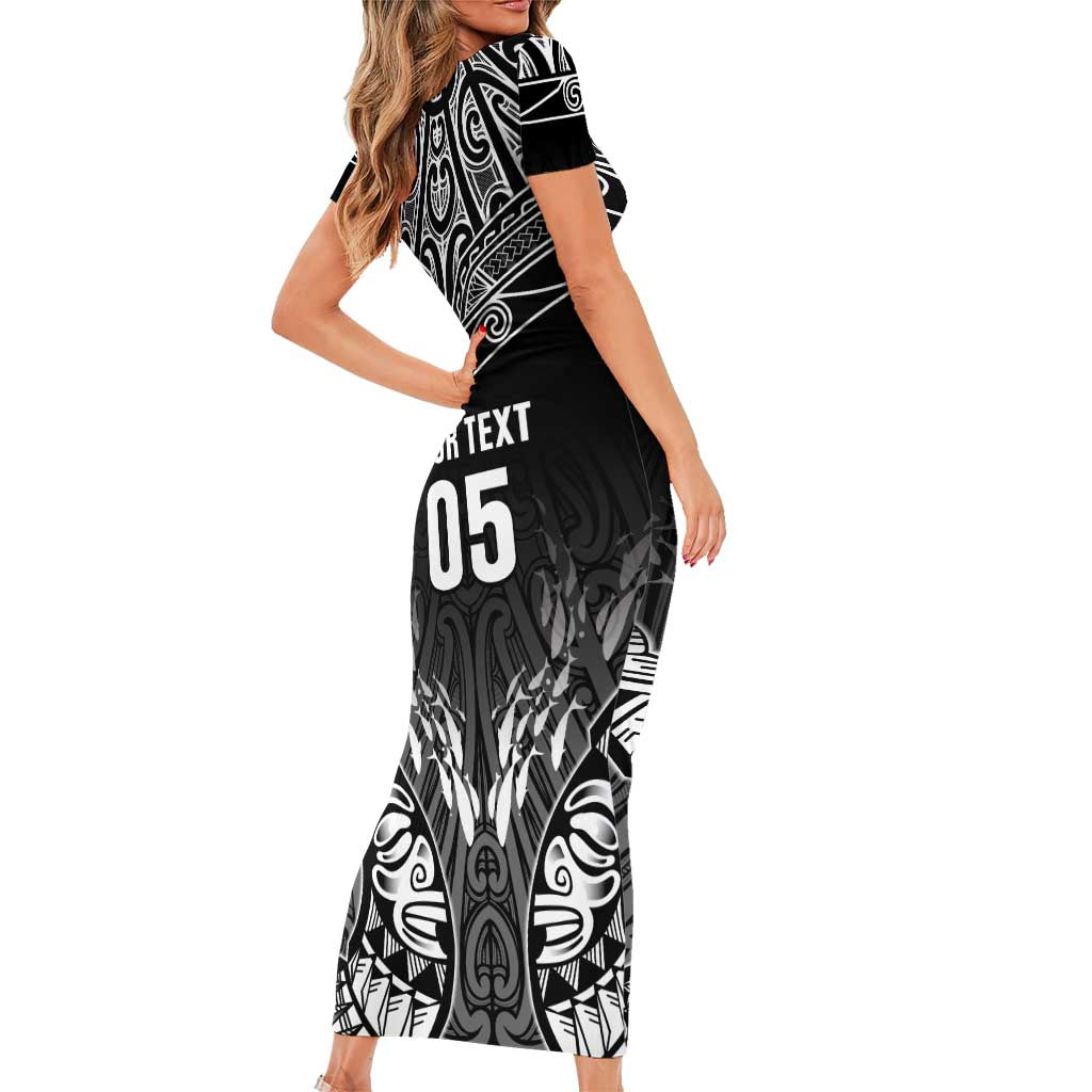 Custom New Zealand Fishing Short Sleeve Bodycon Dress Aotearoa Maori Koru - Polynesian Pride