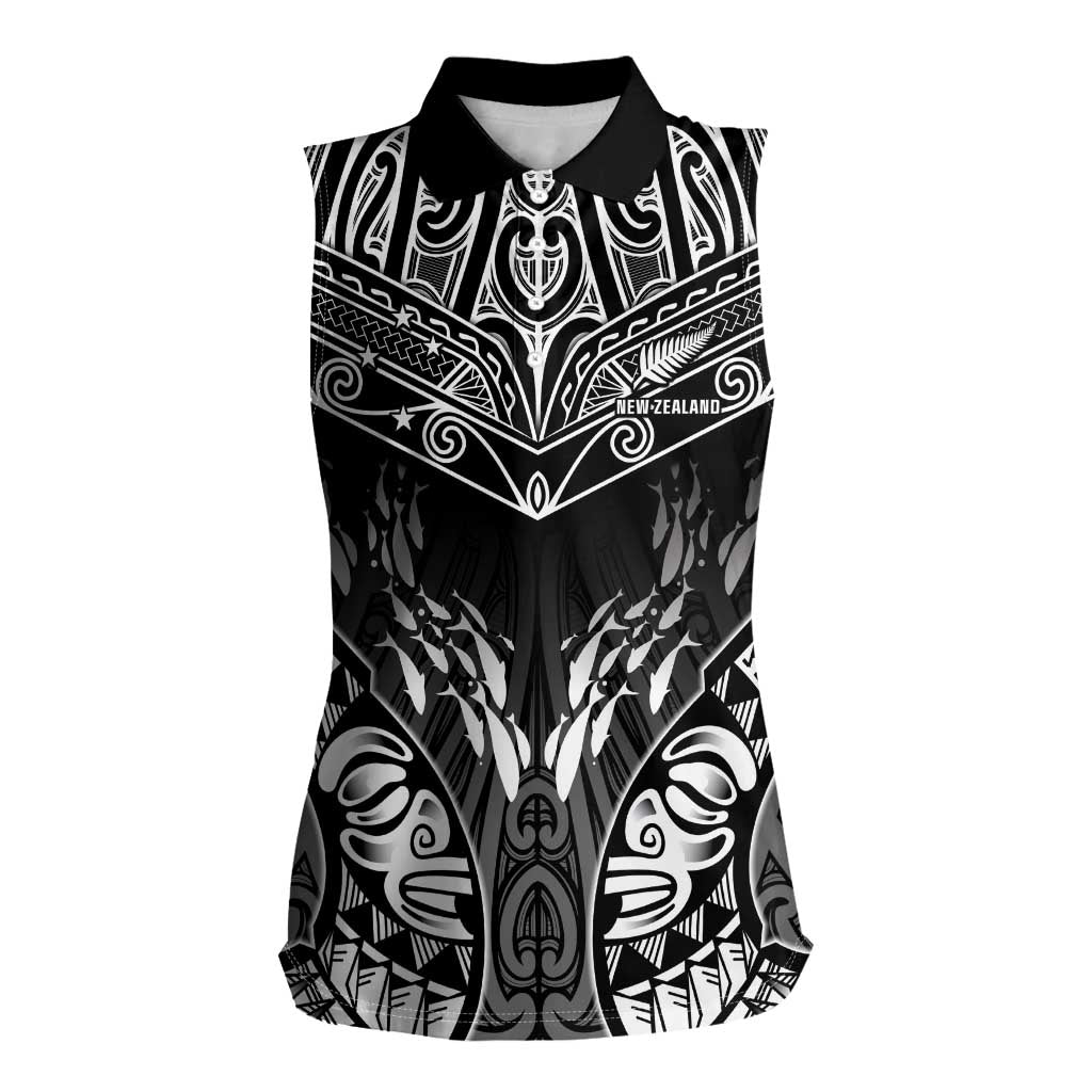 Custom New Zealand Fishing Women Sleeveless Polo Shirt Aotearoa Maori Koru LT05 Female Black - Polynesian Pride