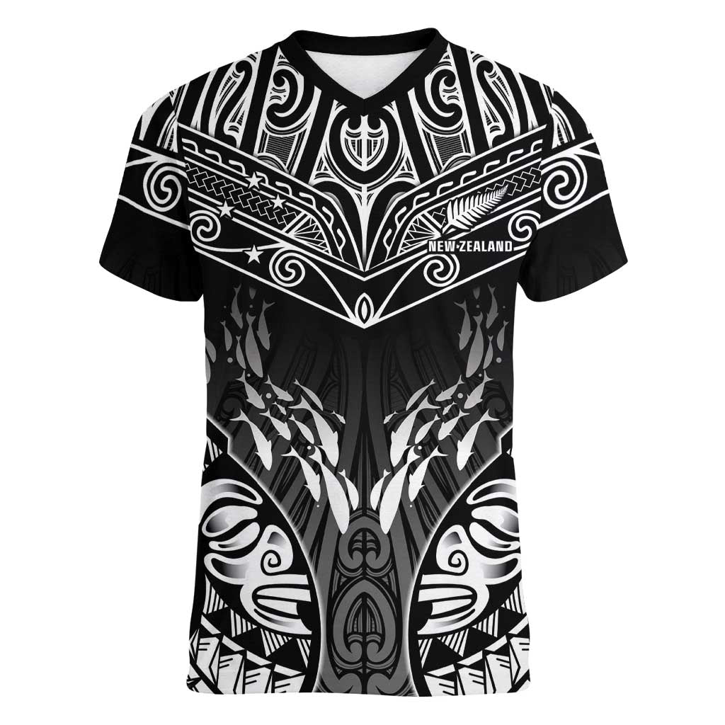 Custom New Zealand Fishing Women V-Neck T-Shirt Aotearoa Maori Koru LT05 Female Black - Polynesian Pride