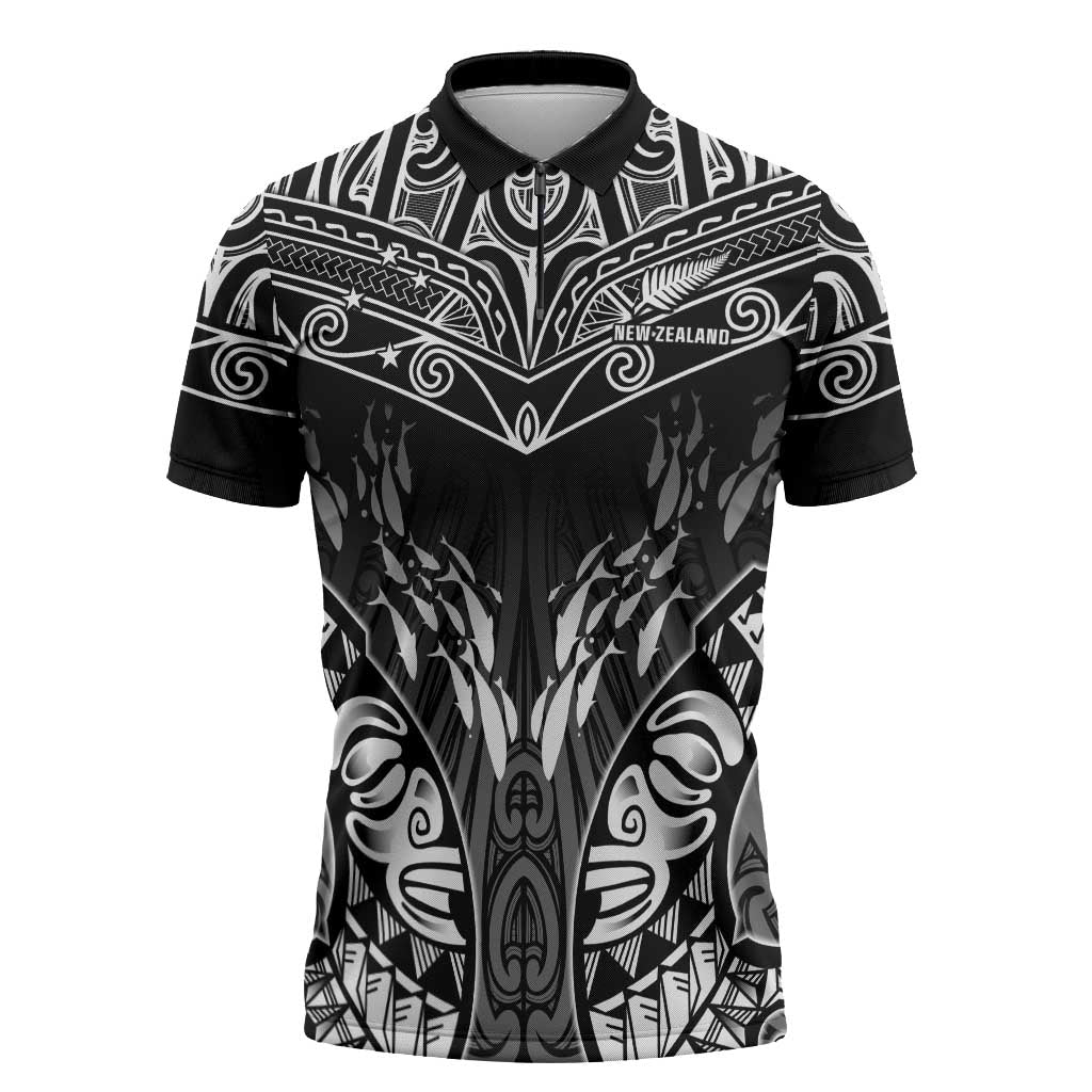 Custom New Zealand Fishing Zipper Polo Shirt Aotearoa Maori Koru - Polynesian Pride