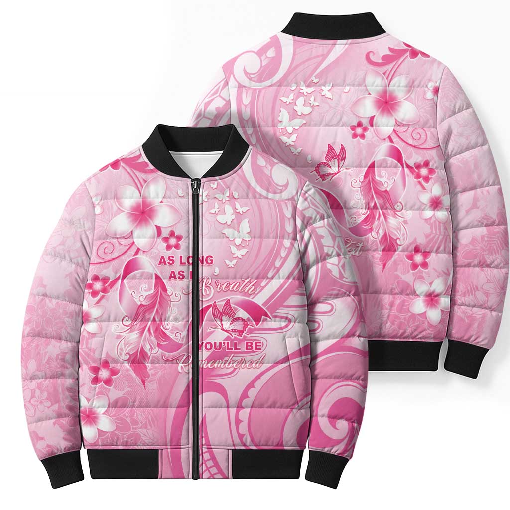 Personalised Memorial Pink Breast Cancer Awareness Bomber Puffer Jacket Plumeria Floral Tribal Pattern - Polynesian Pride