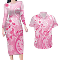 Personalised Memorial Pink Breast Cancer Awareness Couples Matching Long Sleeve Bodycon Dress and Hawaiian Shirt Plumeria Floral Tribal Pattern LT05 Pink - Polynesian Pride