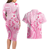 Personalised Memorial Pink Breast Cancer Awareness Couples Matching Long Sleeve Bodycon Dress and Hawaiian Shirt Plumeria Floral Tribal Pattern LT05 - Polynesian Pride