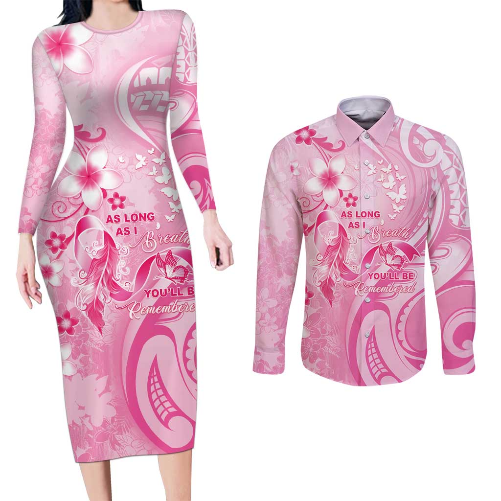 Personalised Memorial Pink Breast Cancer Awareness Couples Matching Long Sleeve Bodycon Dress and Long Sleeve Button Shirt Plumeria Floral Tribal Pattern LT05 Pink - Polynesian Pride