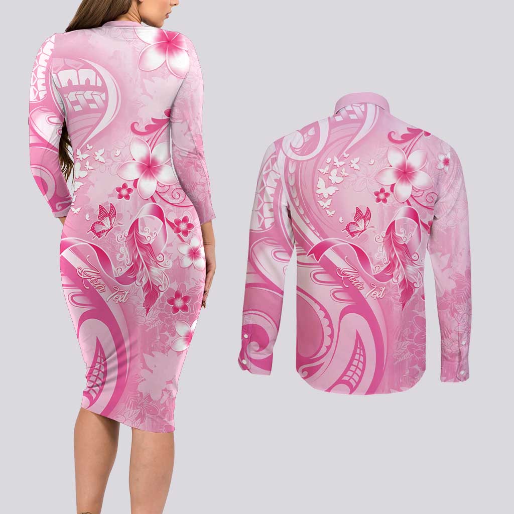 Personalised Memorial Pink Breast Cancer Awareness Couples Matching Long Sleeve Bodycon Dress and Long Sleeve Button Shirt Plumeria Floral Tribal Pattern LT05 - Polynesian Pride