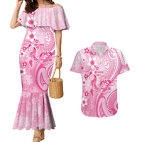 Personalised Memorial Pink Breast Cancer Awareness Couples Matching Mermaid Dress and Hawaiian Shirt Plumeria Floral Tribal Pattern LT05 Pink - Polynesian Pride