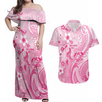 Personalised Memorial Pink Breast Cancer Awareness Couples Matching Off Shoulder Maxi Dress and Hawaiian Shirt Plumeria Floral Tribal Pattern LT05 Pink - Polynesian Pride
