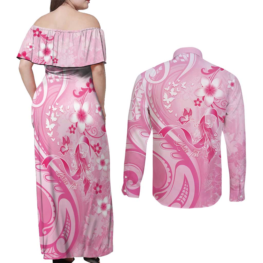 Personalised Memorial Pink Breast Cancer Awareness Couples Matching Off Shoulder Maxi Dress and Long Sleeve Button Shirt Plumeria Floral Tribal Pattern LT05 - Polynesian Pride