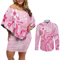 Personalised Memorial Pink Breast Cancer Awareness Couples Matching Off Shoulder Short Dress and Long Sleeve Button Shirt Plumeria Floral Tribal Pattern LT05 Pink - Polynesian Pride