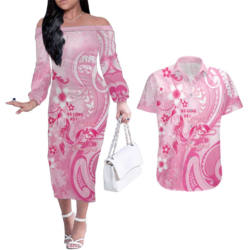 Personalised Memorial Pink Breast Cancer Awareness Couples Matching Off The Shoulder Long Sleeve Dress and Hawaiian Shirt Plumeria Floral Tribal Pattern LT05 Pink - Polynesian Pride