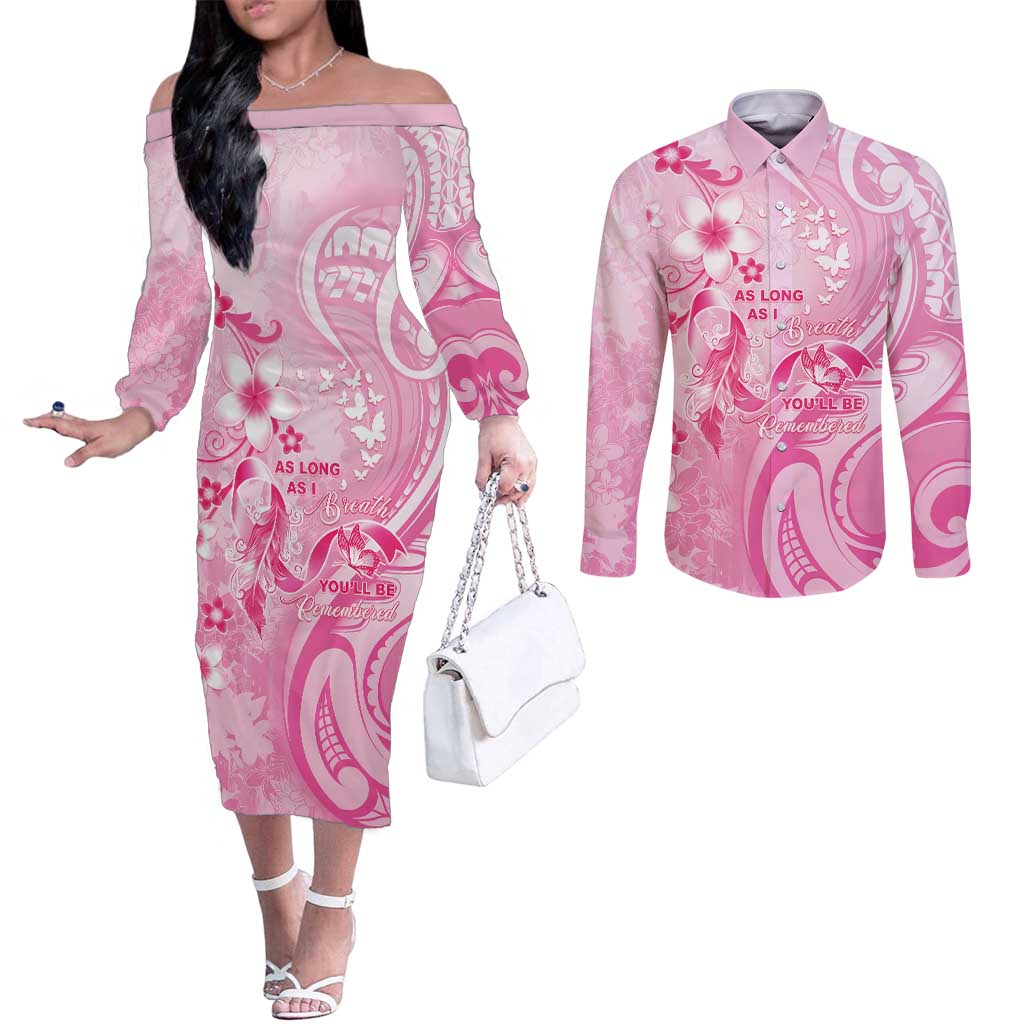 Personalised Memorial Pink Breast Cancer Awareness Couples Matching Off The Shoulder Long Sleeve Dress and Long Sleeve Button Shirt Plumeria Floral Tribal Pattern LT05 Pink - Polynesian Pride