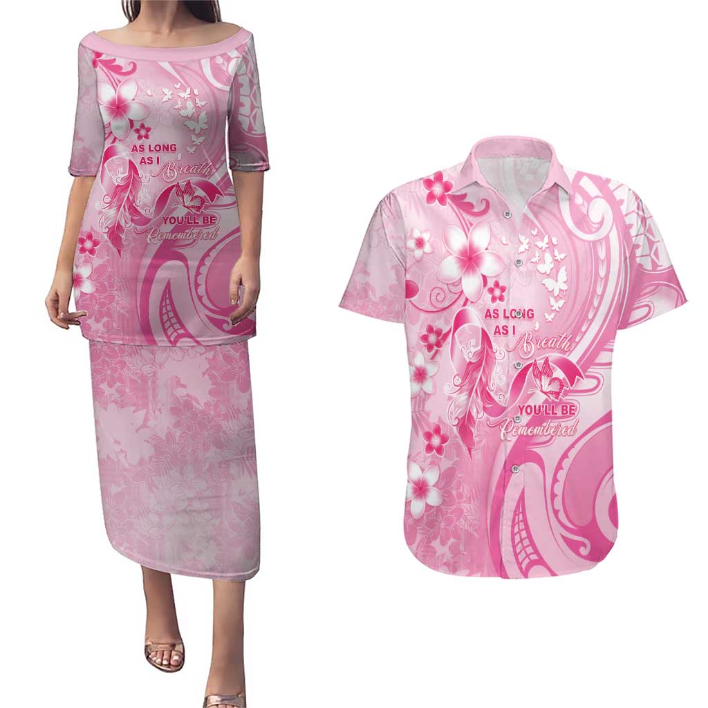 Personalised Memorial Pink Breast Cancer Awareness Couples Matching Puletasi and Hawaiian Shirt Plumeria Floral Tribal Pattern - Polynesian Pride