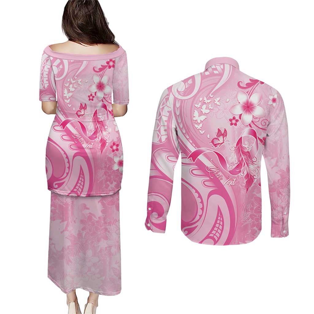 Personalised Memorial Pink Breast Cancer Awareness Couples Matching Puletasi and Long Sleeve Button Shirt Plumeria Floral Tribal Pattern - Polynesian Pride