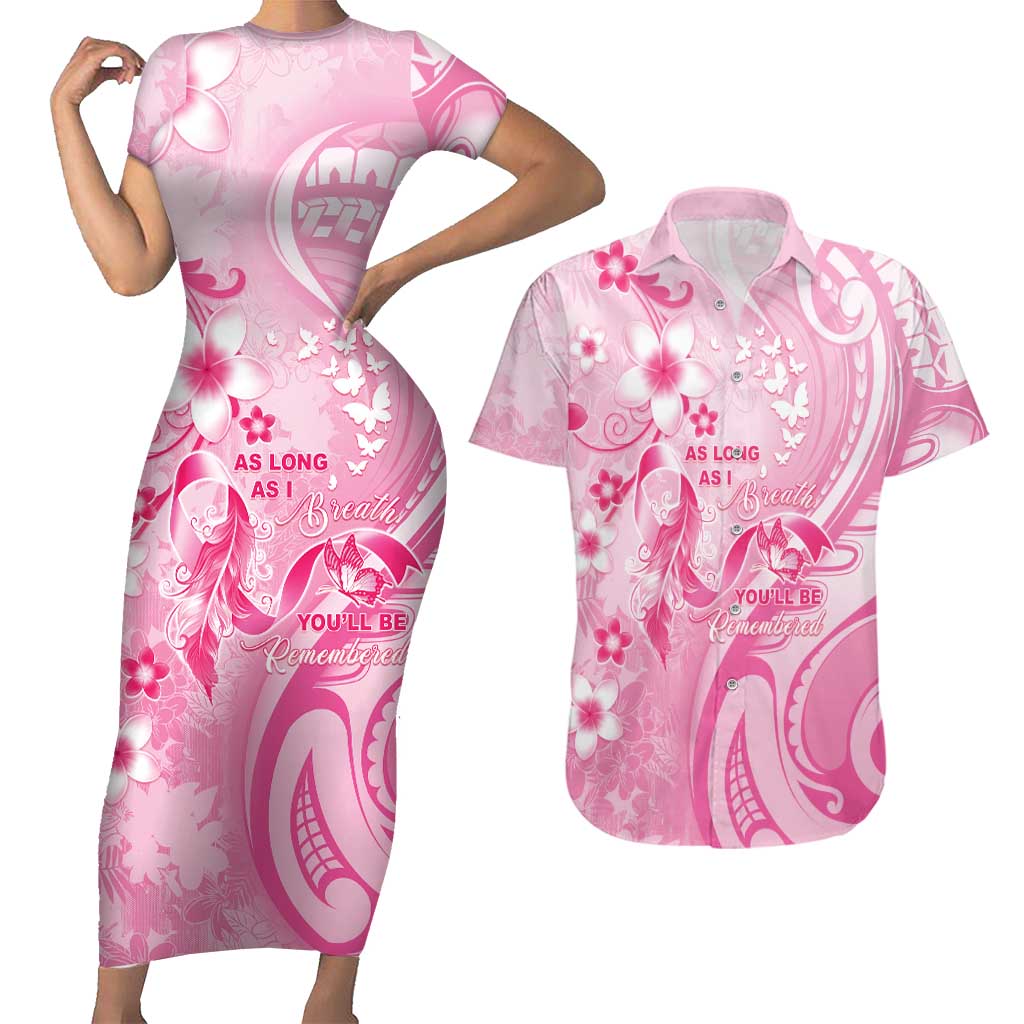 Personalised Memorial Pink Breast Cancer Awareness Couples Matching Short Sleeve Bodycon Dress and Hawaiian Shirt Plumeria Floral Tribal Pattern LT05 Pink - Polynesian Pride