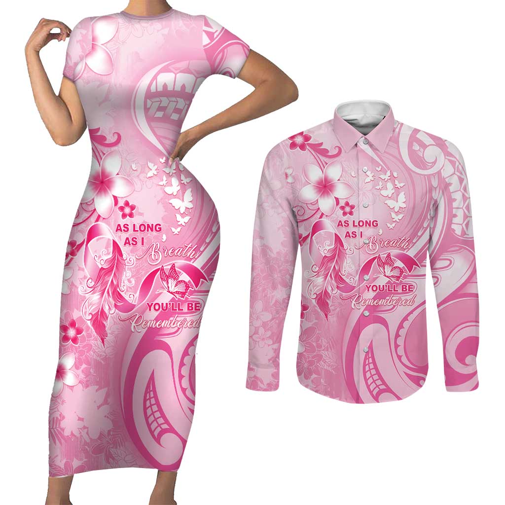 Personalised Memorial Pink Breast Cancer Awareness Couples Matching Short Sleeve Bodycon Dress and Long Sleeve Button Shirt Plumeria Floral Tribal Pattern LT05 Pink - Polynesian Pride