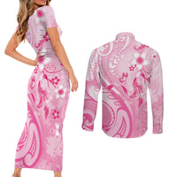 Personalised Memorial Pink Breast Cancer Awareness Couples Matching Short Sleeve Bodycon Dress and Long Sleeve Button Shirt Plumeria Floral Tribal Pattern LT05 - Polynesian Pride